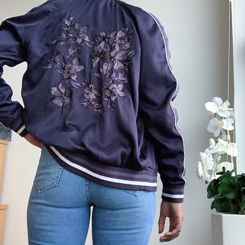 H&M Navy Satin Floral Varsity Zip Bomber Jacket 4